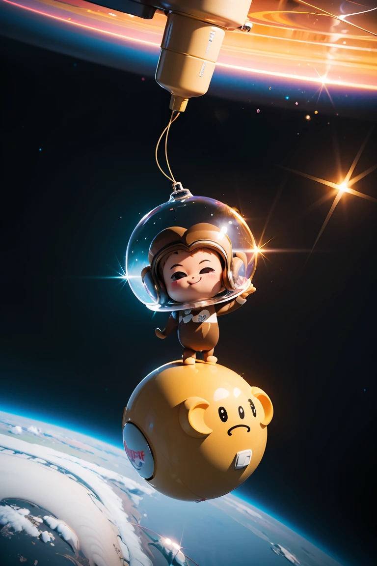 Chibi adorable cuddly monkey floating in space, wearing a glass helmet, moody, grainy, noisy, concept art, by Alberto Seveso, Cyril Rolando, Dan Mumford, Meaningful Visual Art, Detailed Painting, Digital Illustration, Unreal Engine 5, 32k maximalist, hyperdetailed fantasy art, 3d digital art, sharp focus, masterpiece, fine art