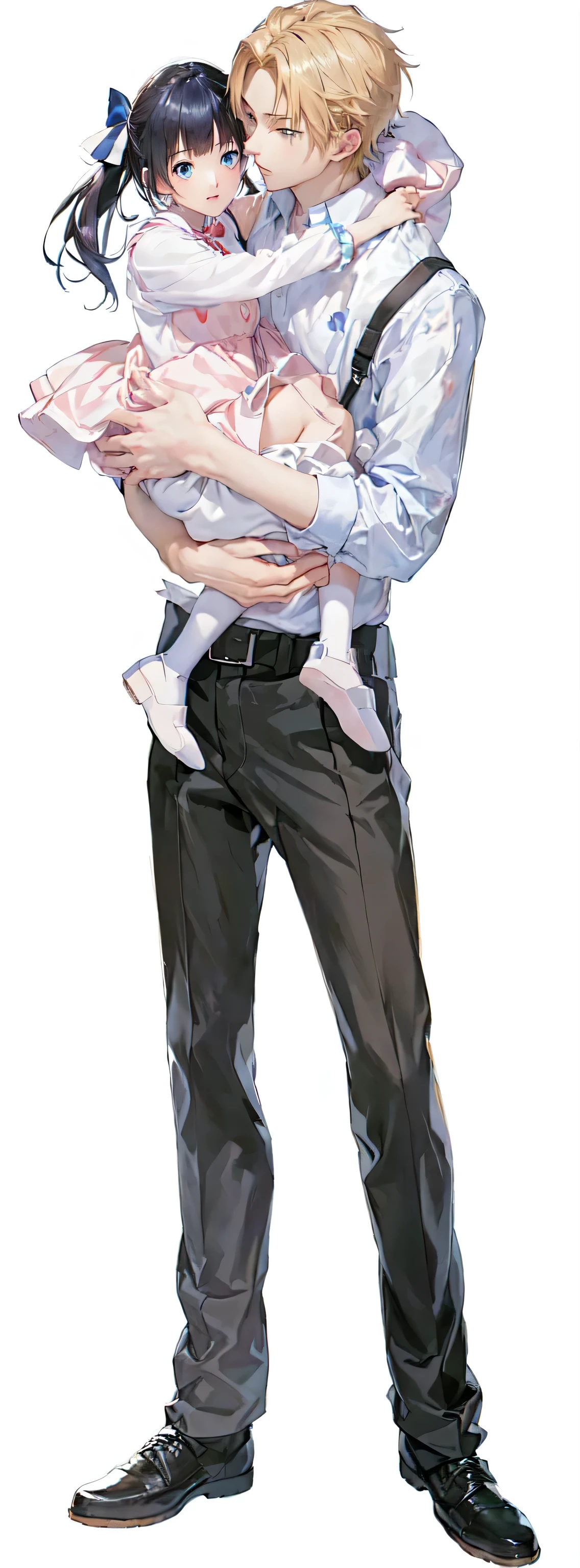 anime couple hugging each other while holding a , tall anime guy with blue eyes, !!full body portrait!!, full body close-up shot, yandere. tall, full body portrait of a short!, full body illustration, fullbody portrait, fully body portrait, makoto shinkai and (cain kuga), made with anime painter studio