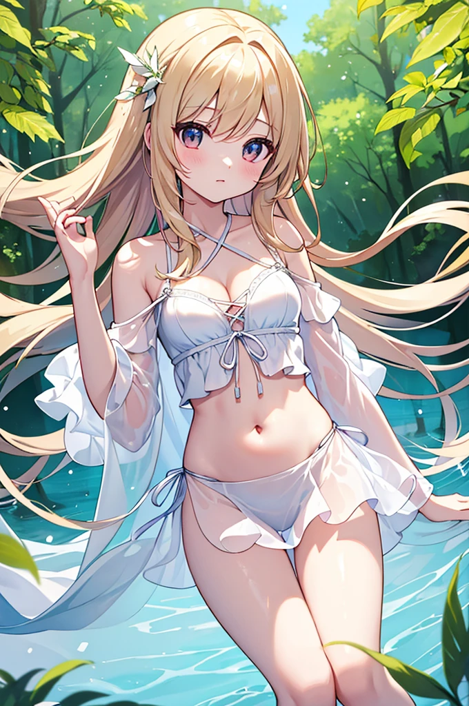 (masterpiece)、(Highest quality)、(Super Detail)、(Best Anatomy)、Light Hair,Angel of Color , See-through dress, Small breasts, Cleavage, Off the shoulder, Underbust, Thighs, Belly button,、Floating above a forest spring
