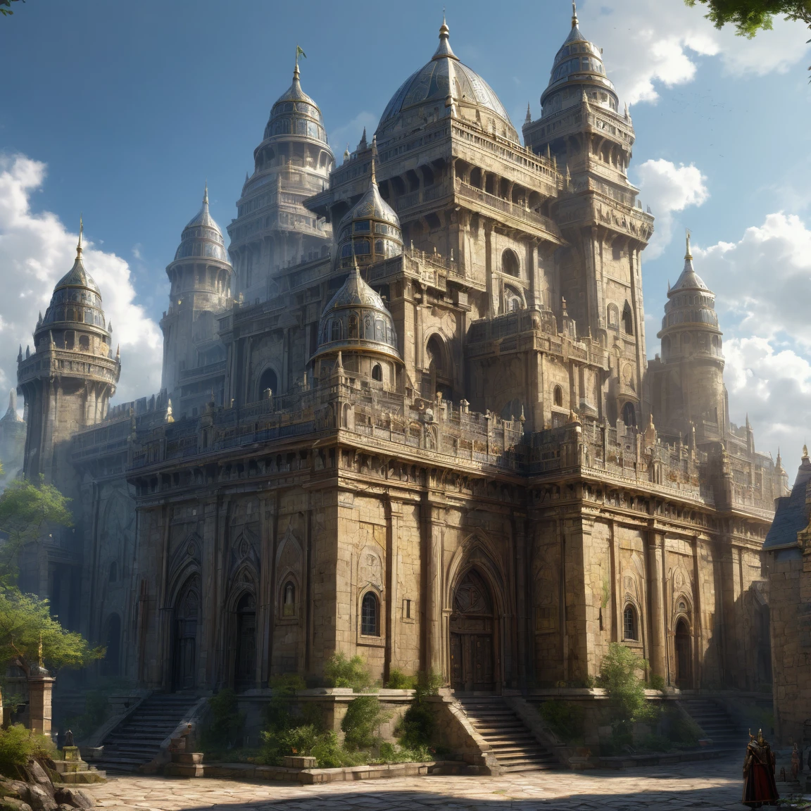 ((best quality)), ((masterpiece)), ((realistic,digital art)), (super detailed), (great fortified temple of Sigmar), view from the ground, (style medieval fantasy)
