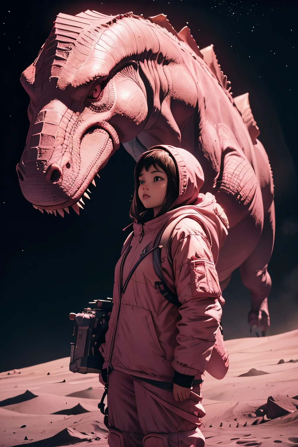 Pink dinosaur on the moon、(One girl:1.3)、Very detailed、Intricate details、Ultra-realistic、Cinematic lighting、8k resolution、masterpiece