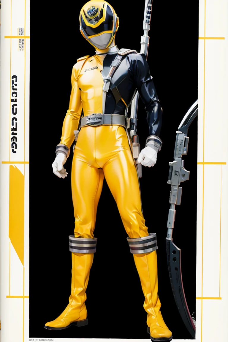 1boy, white, full body, Illustration, cinematic light, high resolution, best quality, ultra detailed, masterpiece, power suit, powerranger, suit, spd, (yellow ranger suit)),