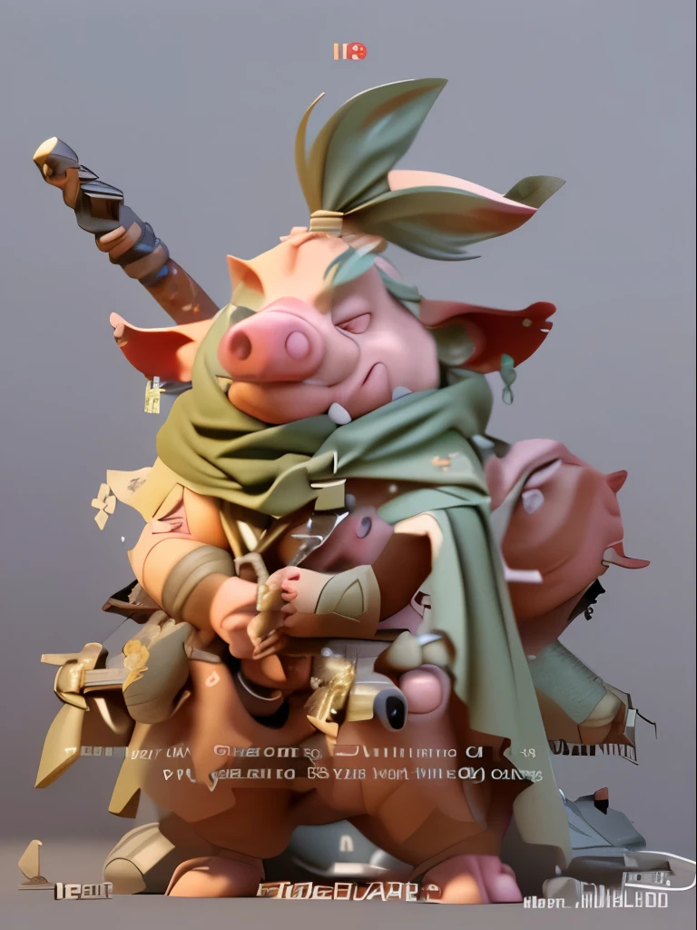 A pig，Is a warrior，He carries a lot of weapons.，3D Rendering