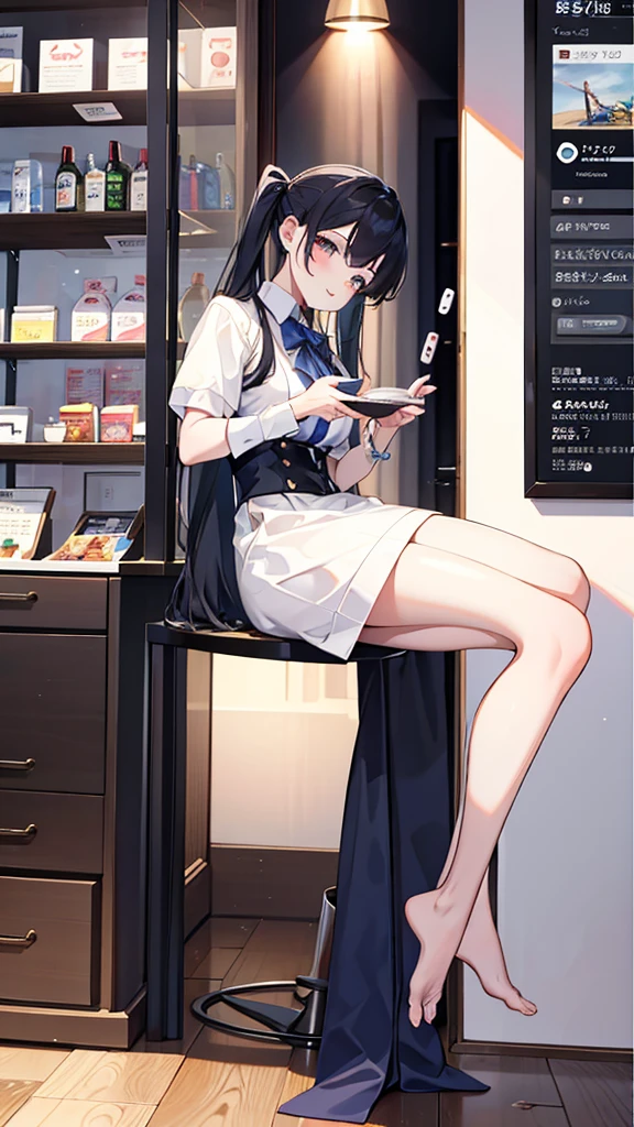(((magazine's cover))), (large title), (many heading), (white border), (whole body), shop assistant, name plate, straddling to touch her crotch on shelf in convenience store, open legs, raise leg, open mouth, (masturbation), (ecstasy face),