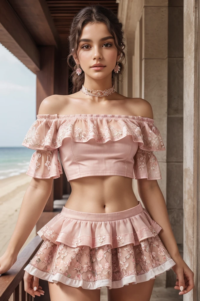 (best quality, masterpiece),  boy , intricate details, off shoulder, skirt, choker, frills, see-through, looking at viewer, blush, upper body, blurry background, floral print, contrapposto