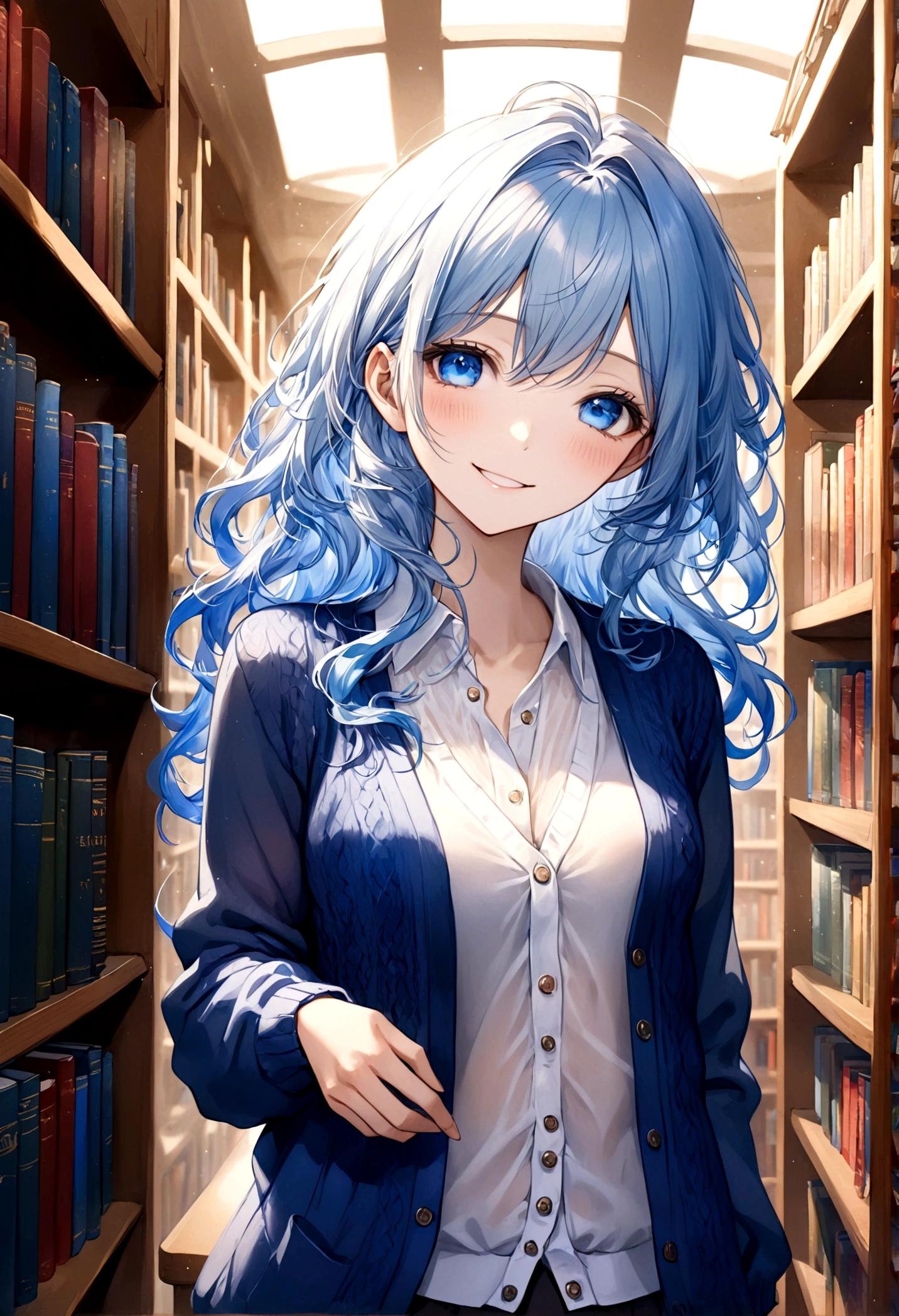 ((top-quality)), ((masterpiece)), ((ultra-detailliert)), (extremely delicate and beautiful), beautiful woman, bright light blue hair, long wavy hair, sapphire blue eyes, cozy cardigan, sheer white shirt under cardigan, sweet smile, fair complexion, library background