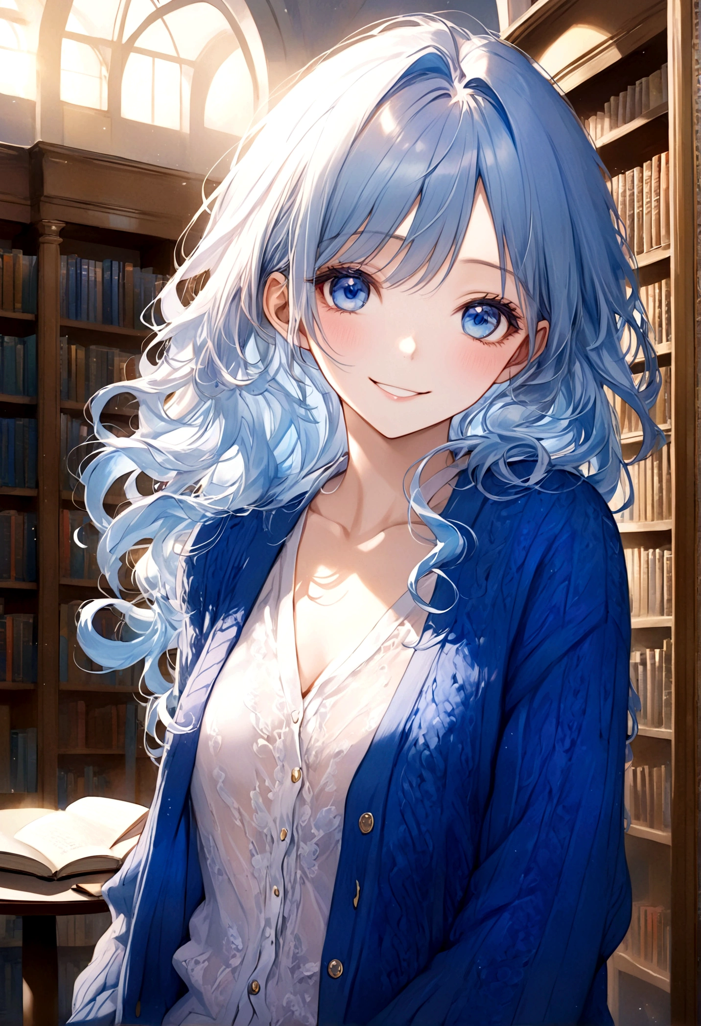 ((top-quality)), ((​masterpiece)), ((ultra-detailliert)), (extremely delicate and beautiful), beautiful woman, bright light blue hair, long wavy hair, sapphire blue eyes, cozy cardigan, sheer white shirt under cardigan, sweet smile, fair complexion, library background