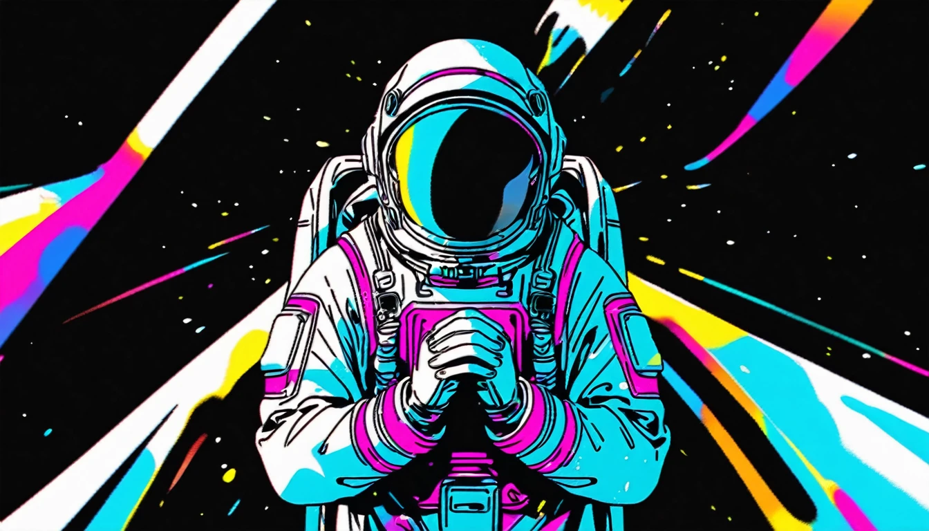 an astronaut, black background, front view, prayer with both hands, black and white image, neon color
