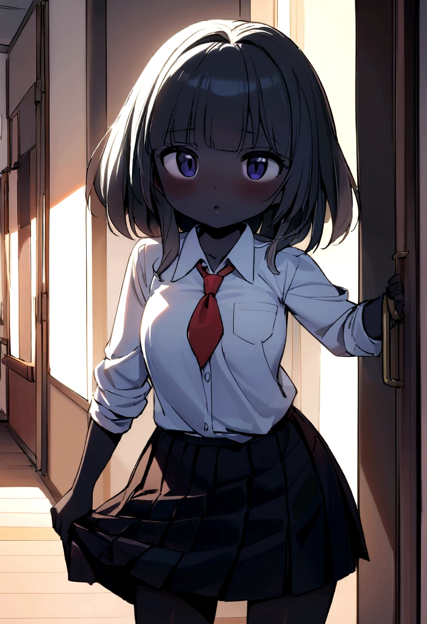Give me a girl named Elina, about , black skin, big breasts, wearing a shirt and skirt to school. She used her hand to hold the skirt, rolled it up, then grabbed the skirt and tightened it around her genitals, causing her underwear to be exposed.