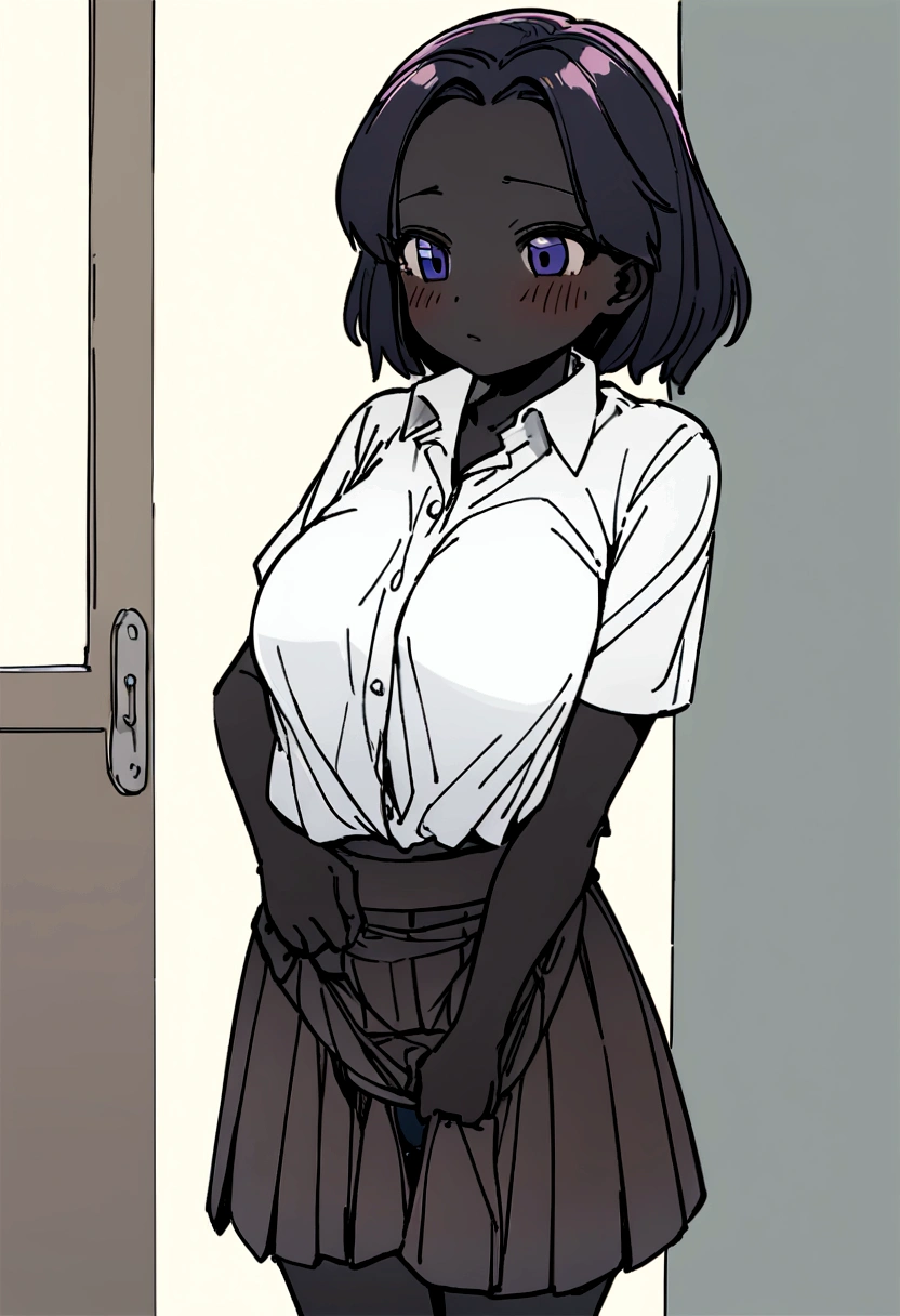 Give me a girl named Elina, about , black skin, big breasts, wearing a shirt and skirt to school. She used her hand to hold the skirt, rolled it up, then grabbed the skirt and tightened it around her genitals, causing her underwear to be exposed.