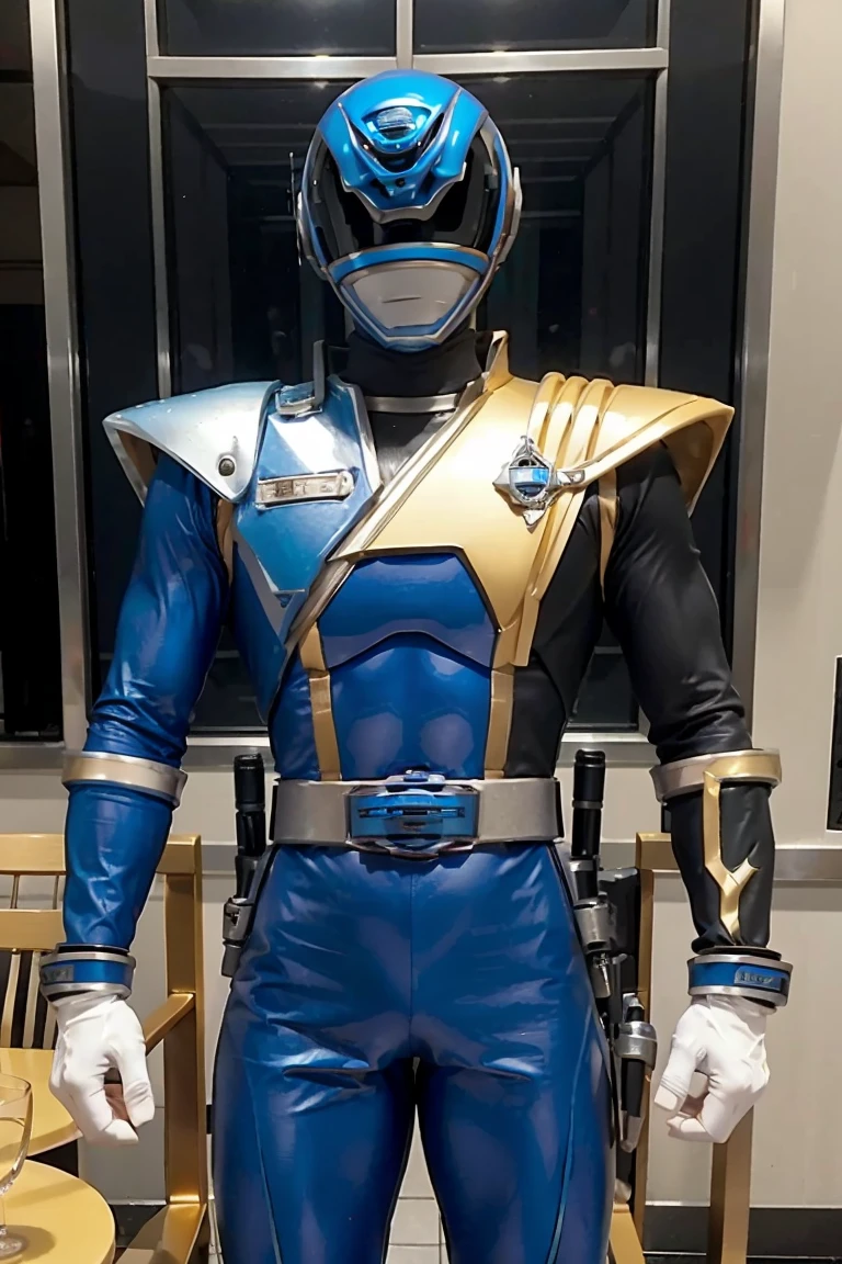 Fantasy background, cafe rpg style, empty chair, table, set of tea glass, (power rangers)), One guy、, ((blue ranger suit)), chest armor with gold details, costume, Solo, ((fit figure)), (Anatomically correct), Cowboy shot, masked face, guns, muscular build