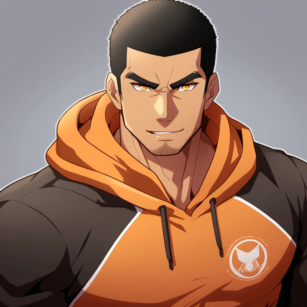 anime characters:Gyee, Young Muscle Sports Teacher, negro black skin, Buzz Cut, Manliness, male focus, Dark red long-sleeved hooded sweatshirt, Very tight, muscular male, muscular, only, Upper body, alone, Black short hair, Thick eyebrows, stubble, Yellow eyes, Grey background, simple background, amazing quality, best aesthetics, Ridiculous, bright pupils, crew cut, parted lips, seductive smile, torogao, naughty face, best quality