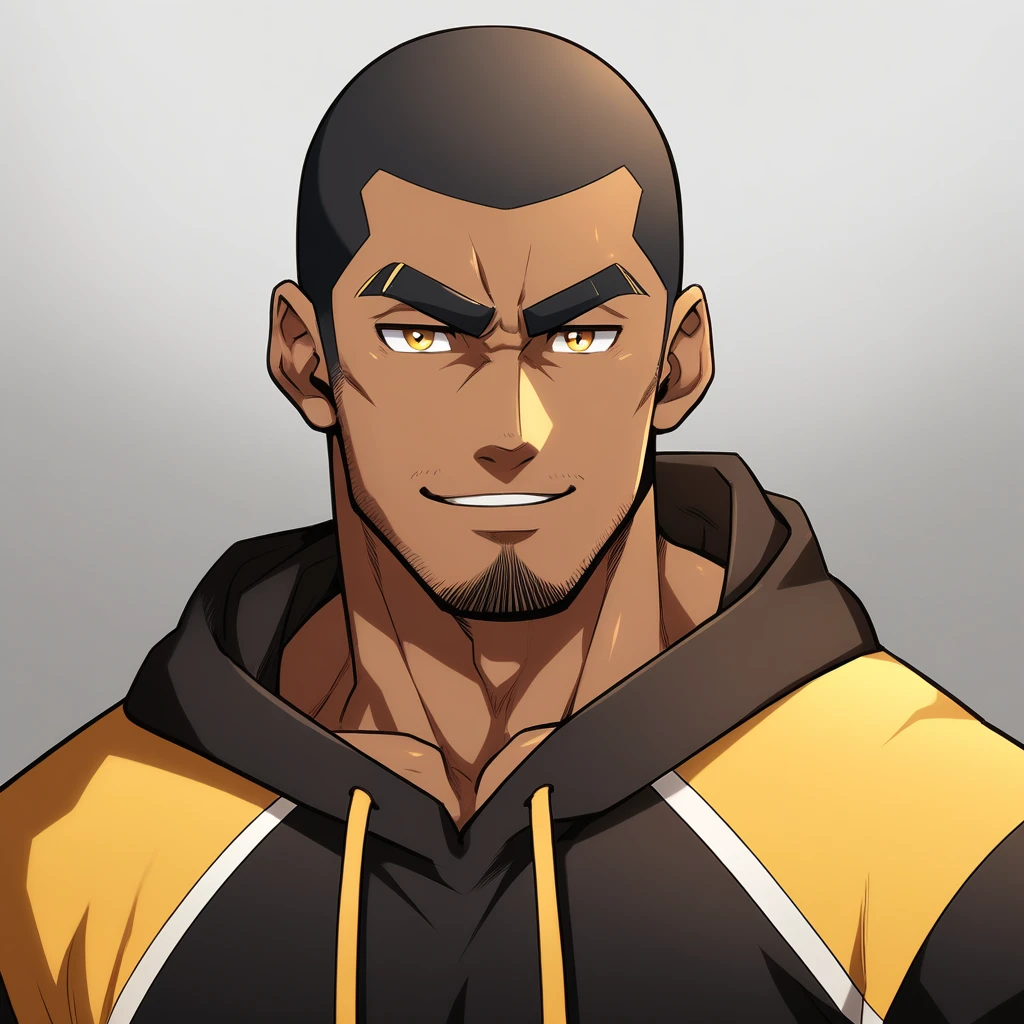 anime characters：Gyee, Young Muscle Sports Teacher, ????? black skin, Buzz Cut, Manliness, male focus, Dark red long-sleeved hooded sweatshirt, Very tight, muscular male, muscular, only, Upper body, alone, Black short hair, Thick eyebrows, stubble, Yellow eyes, Grey background, simple background, amazing quality, best aesthetics, Ridiculous, bright pupils, crew cut, parted lips, seductive smile, torogao, naughty face, best quality