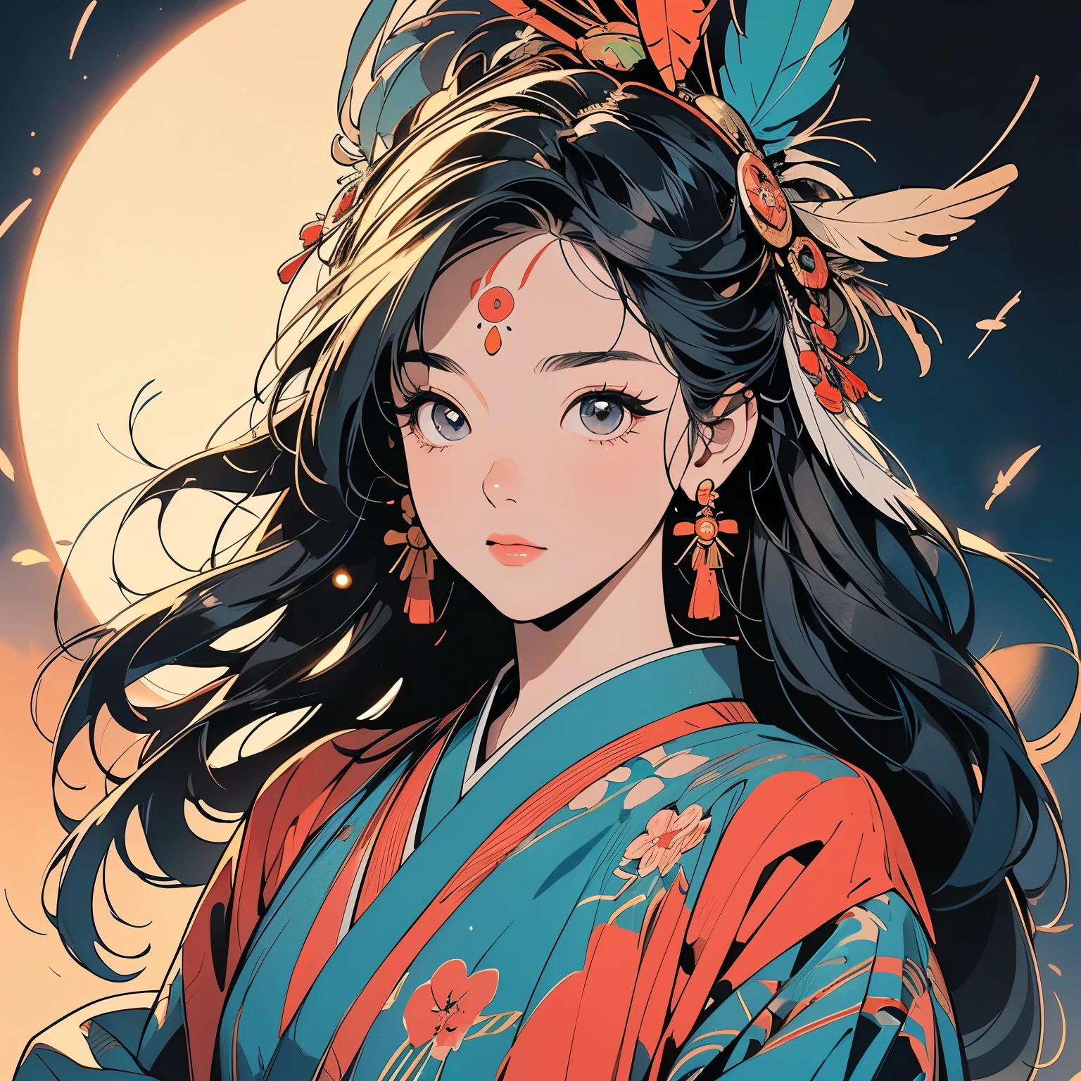 kimono, 完璧なkimono, 詳細なkimono, first-class, Super detailed, torii, Night view, (((Super detailedな装飾))),One Woman, Perfect Face, Lantern, Faint lighting, (((Cowboy Shot))), Super detailedな髪、(((Sparkling Eyes))),mysterious, Golden Belt, The wind is blowing, Apparition, Japanese style, Panorama, Long Shot, Colorful backgrounds, (((Narrow-eyed beauty))),(((Indian-style feather headdress on head))),Upper Body,(((Complex eye pattern)))、(((Wearing a bird head mask on his head)))、A beautiful woman、Detailed face、Best quality face、Large feather ornament