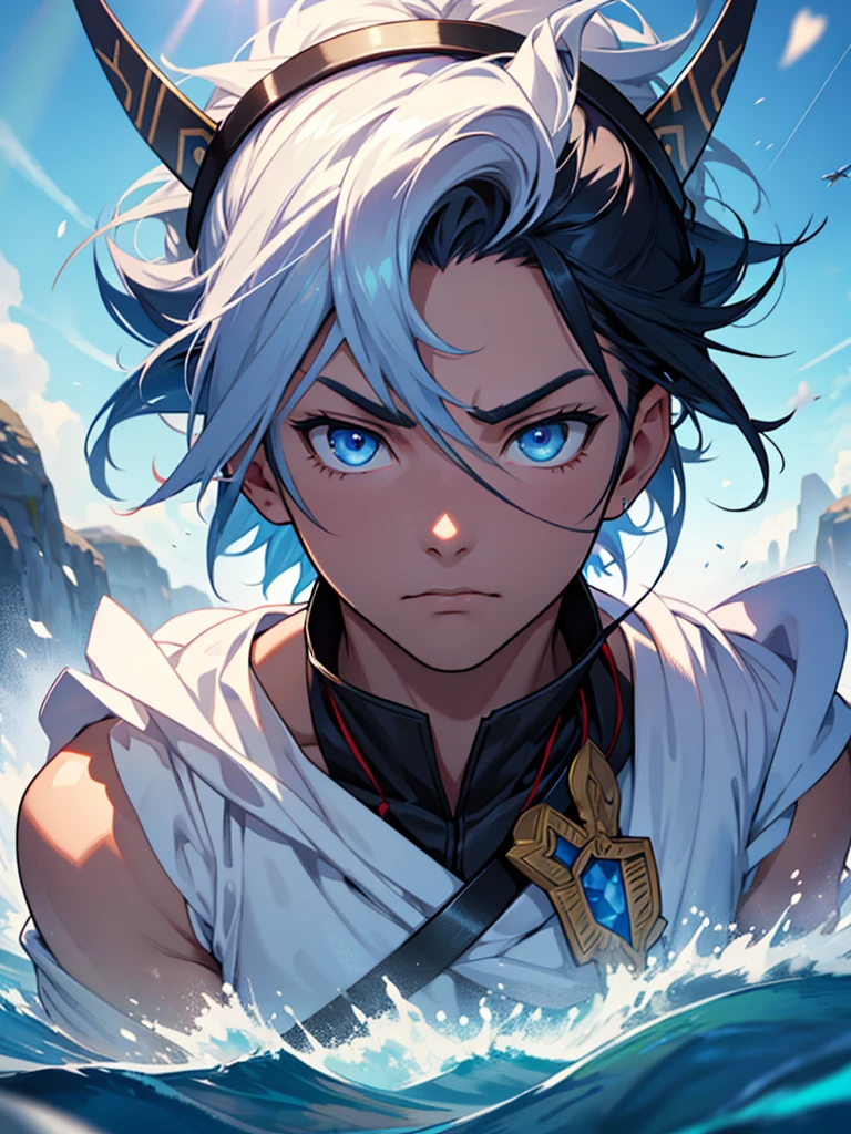 Thunder Warrior, electricity, Long white hair, Blue Eyes Fuck God, Best quality, Black hair, There are a lot of ornaments on the body,Small Crown, American face, Serious look, Anger, Blue skin, Low light, Natural Light, Light rays, Aura Power, Be a power, blue eyes, , Male focus, Big muscles, Bodybuilder, Composition, Depth of Field, Blur, whole body,Represents the exhilarating aura he exudes,to motivate his allies. The backdrop showcases the awe-inspiring landscape of Mahutori, Floating islands and airships adorn the sky, Prove his adventures at sea. With a steely gaze and a sense of purpose, Rezepi is a beacon of hope and leadership, Get ready to set sail,Inspire all who dare to dream with him,In the wonderful world of Chisogi.