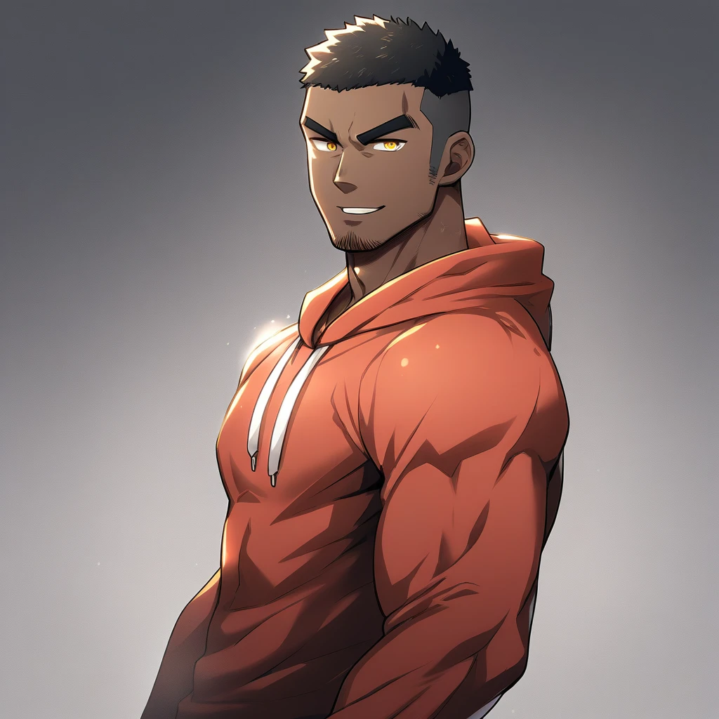 anime characters:Gyee, Young Muscle Sports Teacher, negro black skin, Buzz Cut, Manliness, male focus, Dark red long-sleeved hooded sweatshirt, Very tight, muscular male, muscular, only, Upper body, alone, Black short hair, Thick eyebrows, stubble, Yellow eyes, Grey background, simple background, amazing quality, best aesthetics, Ridiculous, bright pupils, crew cut, parted lips, seductive smile, torogao, naughty face, best quality
