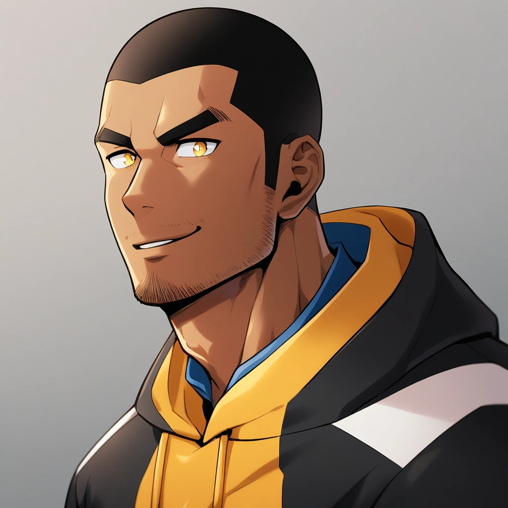 anime characters:Gyee, Young Muscle Sports Teacher, negro black skin, Buzz Cut, Manliness, male focus, Dark red long-sleeved hooded sweatshirt, Very tight, muscular male, muscular, only, Upper body, alone, Black short hair, Thick eyebrows, stubble, Yellow eyes, Grey background, simple background, amazing quality, best aesthetics, Ridiculous, bright pupils, crew cut, parted lips, seductive smile, torogao, naughty face, best quality