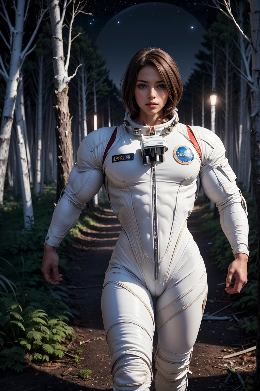 (Muscular:2), (thick thighs:1), (large round breasts:1), (large muscular chest and shoulders:1.4), FEMALE, brown hair, long brown hair, (big smile:0), (wearing a tight white spacesuit:1.5), looking at viewer, (three quarter view:1.2), upper body view, (derelict smoky dark forest at night:1.5), dark lighting, detailed skin, detailed eyes, (dark skin:1.4), (very thin waist:1.3), (huge round muscles:1.8),