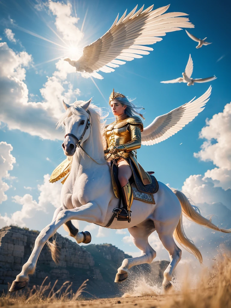 8K,Real,Fictional animals from Greek mythology,exterior: Winged white horse,Golden wings and brass hooves,Has a shining golden mane,Running through the sky faster than the wind,The tireless horse,Pegasus is a flying horse, Said to be a messenger of Zeus, Supreme God of the Sky, Can only be ridden with golden reins.,Pure White Pegasus,Long-winged Pegasus,The background is light blue