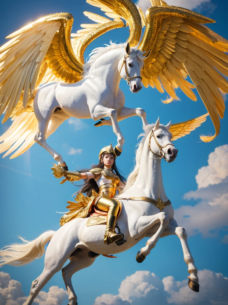 8K,Real,Fictional animals from Greek mythology,exterior: Winged white horse,Golden wings and brass hooves,Has a shining golden mane,Running through the sky faster than the wind,The tireless horse,Pegasus is a flying horse, Said to be a messenger of Zeus, Supreme God of the Sky, Can only be ridden with golden reins.,Pure White Pegasus,Long-winged Pegasus,The background is light blue