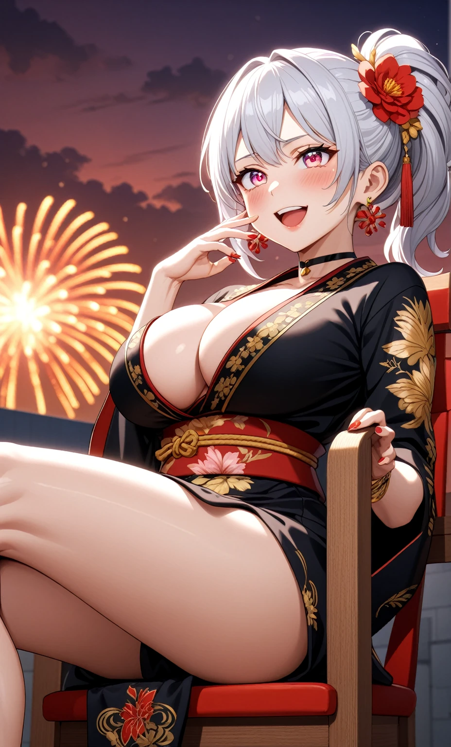((One personの女性)), Beautiful Face,Laughing embarrassedly,((Wink:1.7)), ((Put one foot on the chair:1.3)), Laugh with your mouth wide open,((Bright red cheeks:1.4)),Shiny red lips,night,rooftop,You can see the ocean, firework,Laughing with your mouth open,Lighting on the face,((Anime style background)),masterpiece, Highest quality, so beautiful,Latest, Complex details, (Pink long nails), (ring),(bracelet),(choker),AI-generated, Complex,High resolution, Highest quality, super high quality,3D Images、3D Images,One person,Long white hair,High Ponytail,(blue eyes),写真のポーズをとるAnime Women, ((Fine grain、Silver-white colorful eyes、Shining Eyes:1.4)),(Squint your eyes:1.1),a hyperRealistic , hyperRealistic , Realistic,Anime Women,Smooth anime CG art, A woman in a colorful kimono with gold embroidery, (Black long sleeve kimono),Red floral pattern,Long flower hair ornament,Floral Earrings,Mature Body,(Big Breasts:1.1),Tall,Abdominal muscles,Tight waist,(Zoom up to face:1.4),Photographed from the front, (from below),