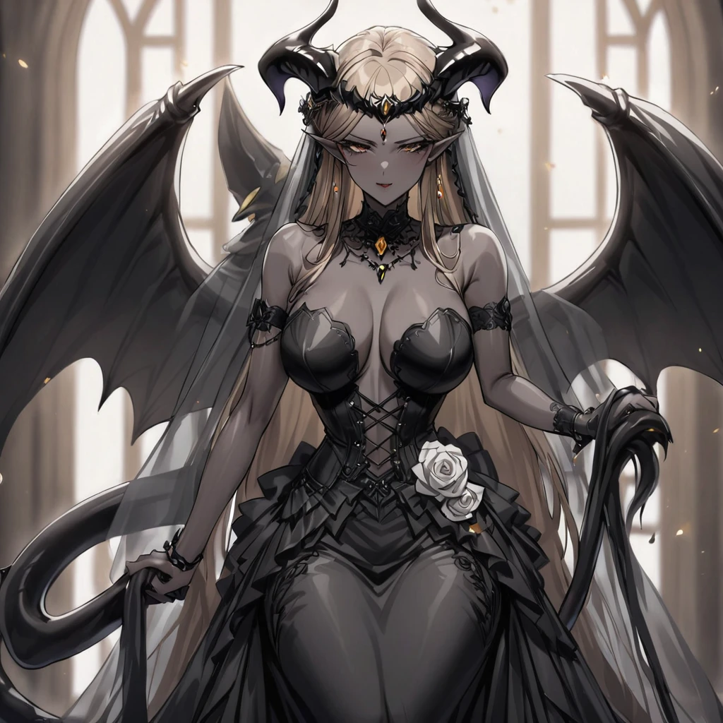((Highest quality)), ((masterpiece)), (detailed), (Perfect Face)、The woman is a sexy devil with jet black skin、The woman is a jet-black female demon with magnificent devil horns, jet-black devil wings, and a jet-black tail. Her skin is jet-black, she is wearing a luxurious black Gothic Victorian wedding dress and a black wedding veil, and she is holding the hand of the dignified and powerful Great Demon King and holding a wedding ceremony together. She is the jet-black demon Princess Leona, with medium-long light brown hair, a demon in both body and mind, and has the expression of a maiden in love.、The woman is the wife of her beloved husband, the dignified and powerful Demon King, and they are holding hands with the Demon King as they hold each other in their wedding ceremony.