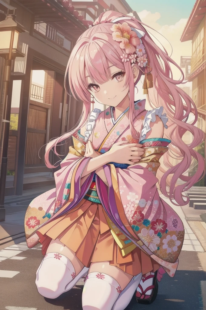 pixai, Intricate details, High resolution, Highest quality, High resolution,
Dynamic pose,
Outdoor,
Cowboy Shot,
smile,
(Pose as if hugging a friend),
(Put your hands on your knees:1.2),
break,
ponytail,
Pink Hair,
Orange eyes,
(Medium chest:1.1),
Frills, kimono, Hair Flowers,Wide sleeves, kimono, White knee socks, zettai ryouiki, Floral print, skirt,Removable sleeves,
Small devil,
Angled,