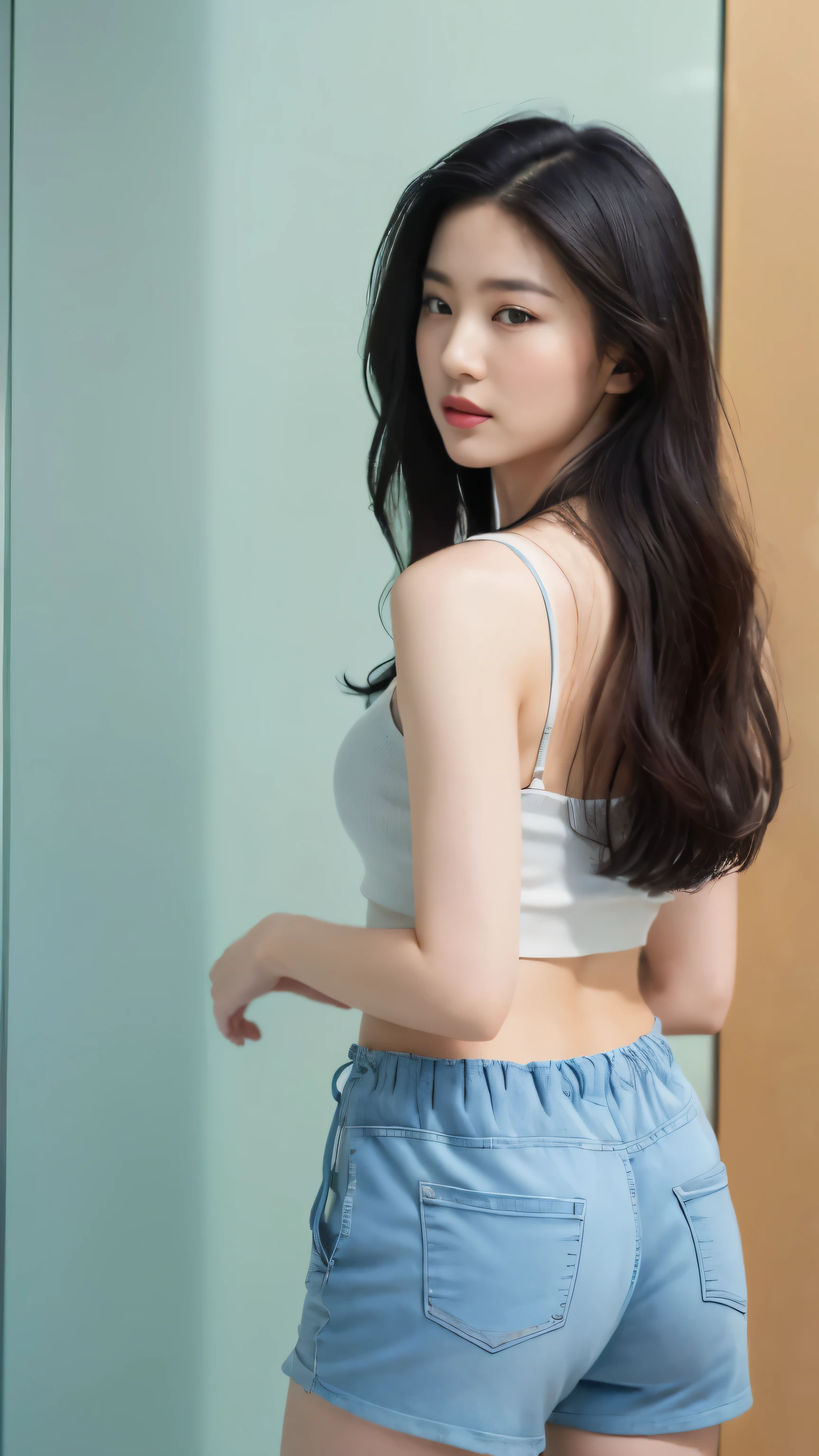 ((Top quality, 8K, masterpiece: 1.3)), beauty, hidden face, (1 Girl, 15 years). beauty: 1.3, Slim abdominal muscles: 1.1, (Black long hair, necklace). (Sleep Sleep Shorts. Bandage cans_Long legs. whole body. Standing. look back. Sexy buttocks. Visible from behind. Small thigh circumference. Visible from behind. Shot from the back. Shot from the back. In front of the glass wall. Daytime city view), Ultra-fine face, Highly detailed lips, Delicate eyes, Double eyelids. Makeup face. Peach lipstick.