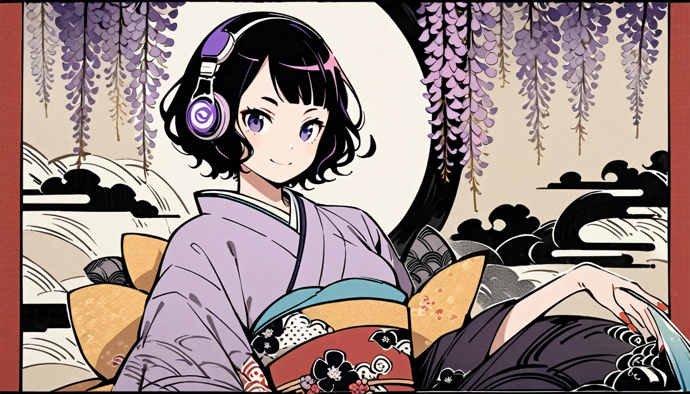 Highest quality, Katsushika Hokusai, Ink Painting, (((shorthair))), (((1 girl))), (((Pale purple kimono))), (((smile))), Japanese style headphones, Wisteria flower, beautiful girl, Black Hair, Delicate and precise, Modern ukiyo-e style