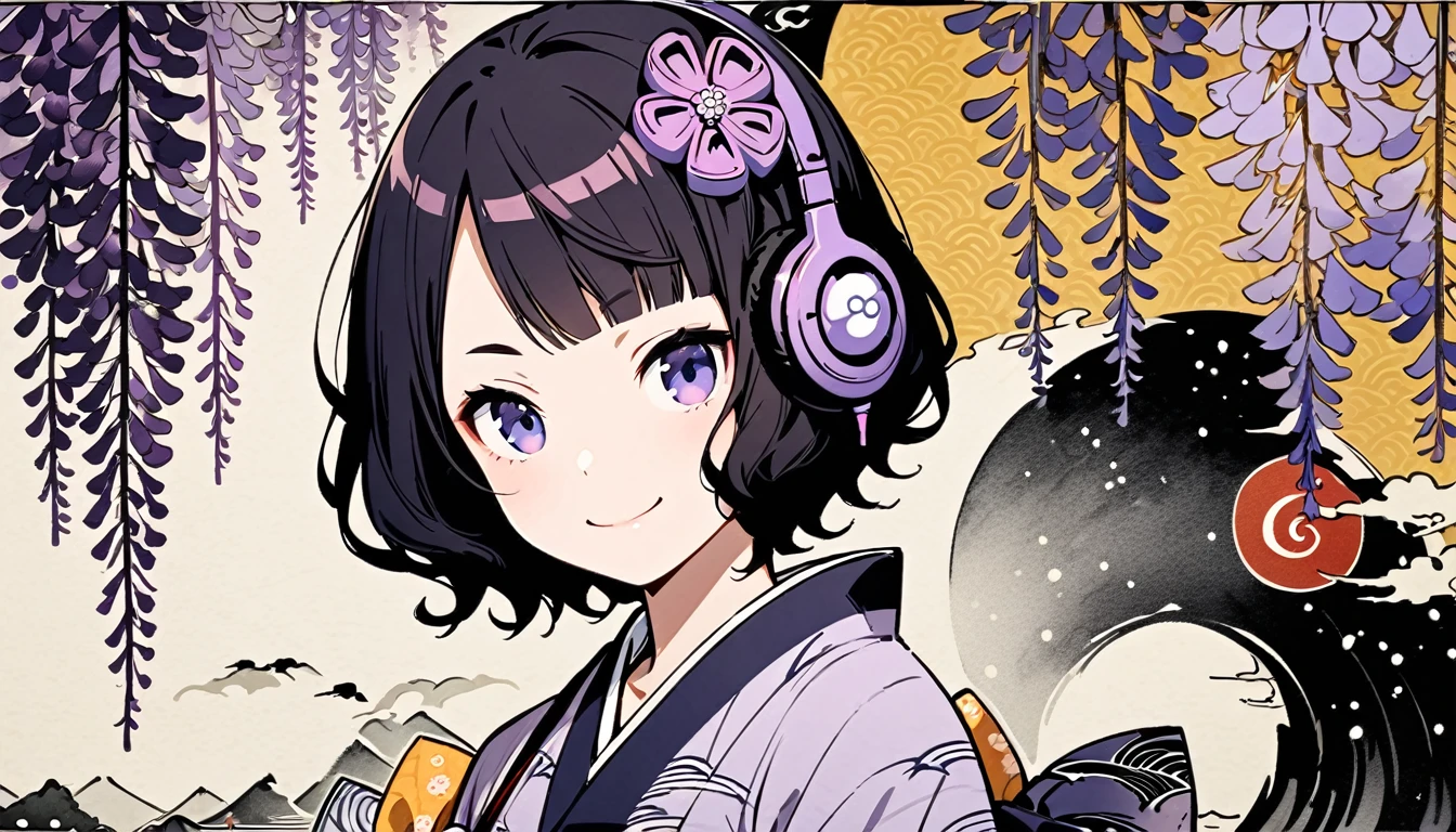 Highest quality, Katsushika Hokusai, Ink Painting, (((shorthair))), (((1 girl))), (((Pale purple kimono))), (((smile))), Japanese style headphones, Wisteria flower, beautiful girl, Black Hair, Delicate and precise, Modern ukiyo-e style