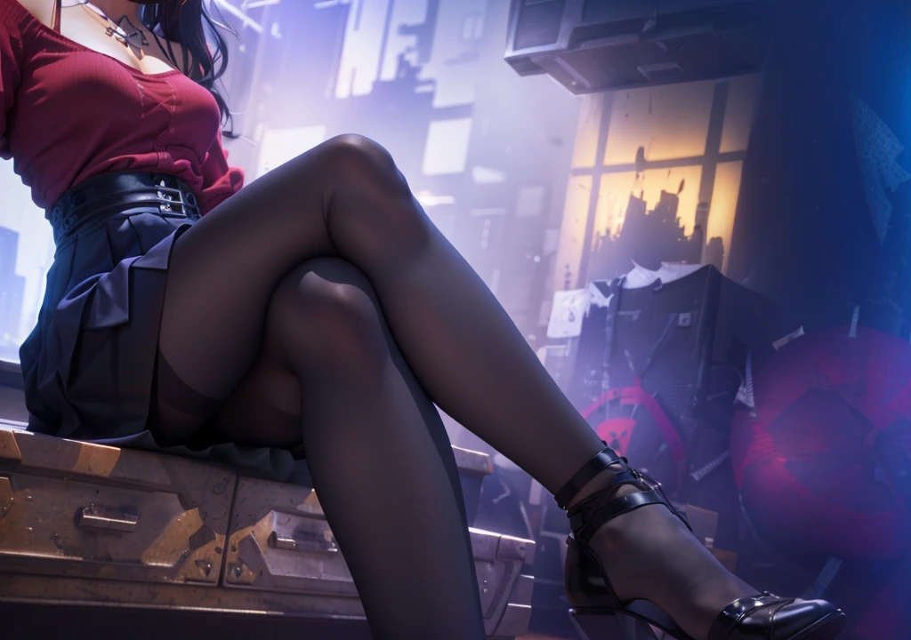 cross-legged, black hip skirt, textured silk stockings, realistic 3D game style