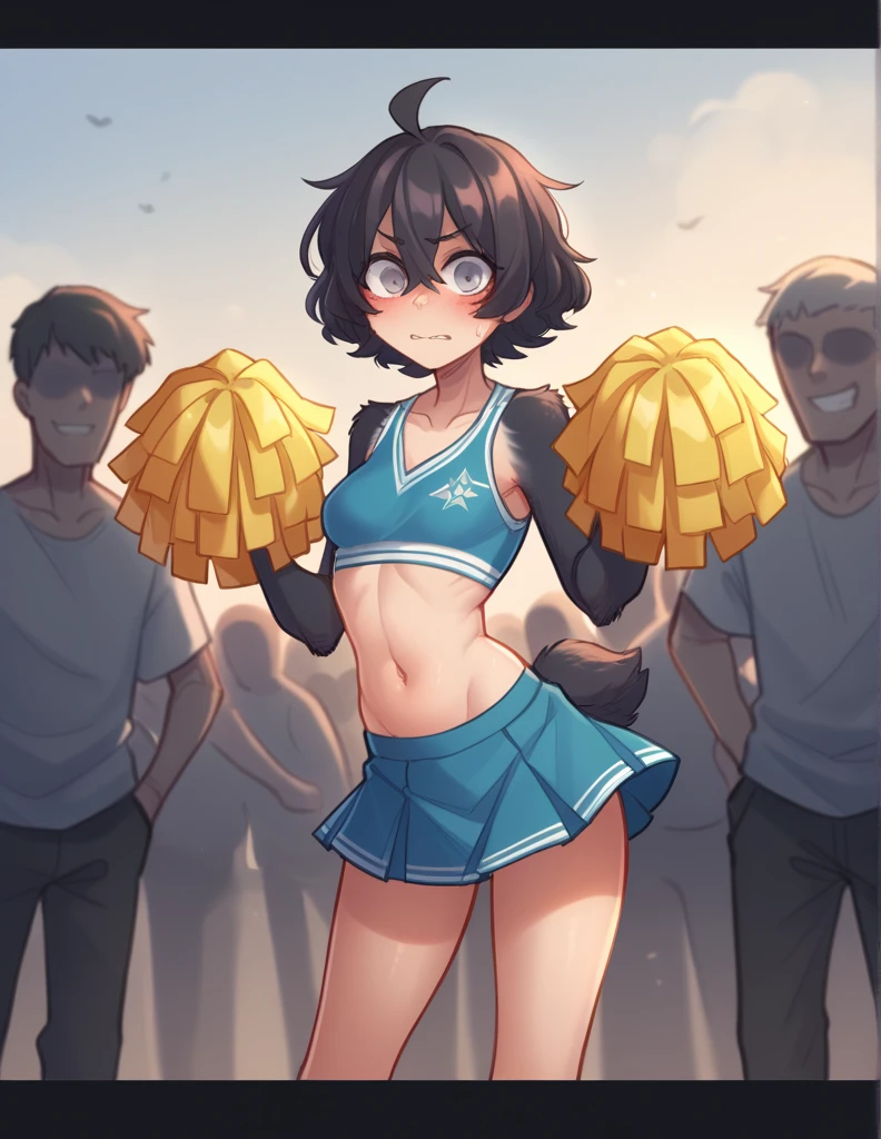 ppka, black fur, short hair, messy fur, Ahoge, parts, parts por todo el cuerpo, grey eyes, blind, looking at the viewer, embarrassed look, 
Ropa de cheerleader (cheerleader) Exposed navel, visible navel handstand, 
crowd watching