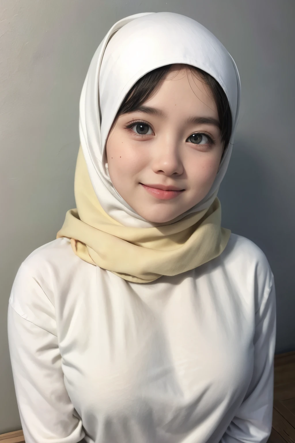 Skinny , baby face, adorable, 1 girl, (face to face), 10 years old happy, half body portrait, (face details: 1), (eye details: 1), ((big breasts)). wearing transparent transparency long shirt, hijab, .. Cute posed. proportional body. Ultra High Res. realistic: 1.4, UHD