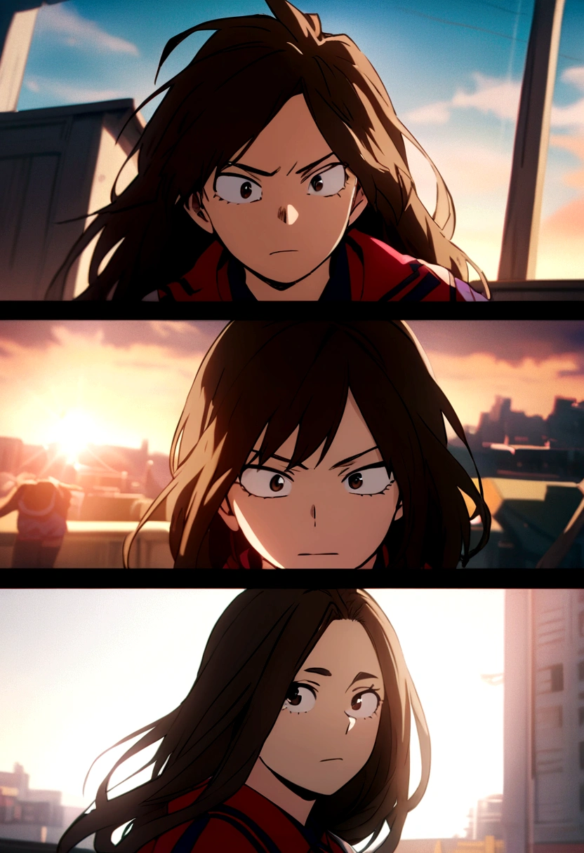 screenshot of my hero academia.
Girl with long straight hair, black and dark brown color. Dark brown eyes and light skin. He has a strong expression and is wearing a UA uniform. In the background he is in a UA class with Kaksuki Bakugo.