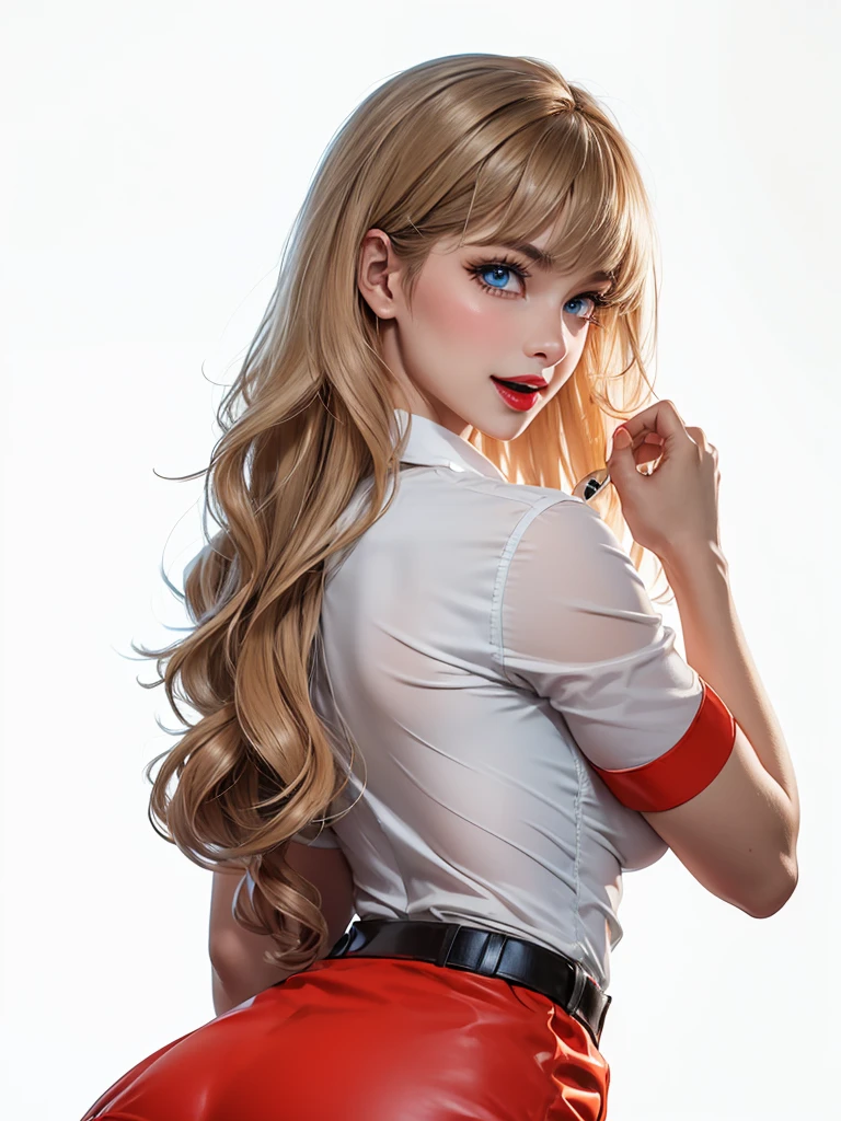 1 Girl, Cowboy shooting, 漂亮苗条的Airline stewardess, (stewardess:1.2), tight skirt, Not suitable for working hours, (cleveage:1.2), Neck scarf , Full lips, A pair of big clear eyes, Beautiful long brown hair, Shirt open, Half a smile, Broad shoulders, Small waist, Wide hips, Thigh gap, Camel toe, (complex, Very detailed, 8K, masterpiece), Soft tones, inner plane, Blurred background, Depth of Field, Bokeh, Lace panties ,blue eyes,(Brown curly hair:1.2),Bangs,Airline stewardess,Airline stewardess制服,Red skinny leather skirt,Light and Shadow,The sun shines on me, Hot red lips, Sexy open mouth, Correction of deformed fingers, Reality, Sharp eyes, (((Eyes looking at camera))) Smile