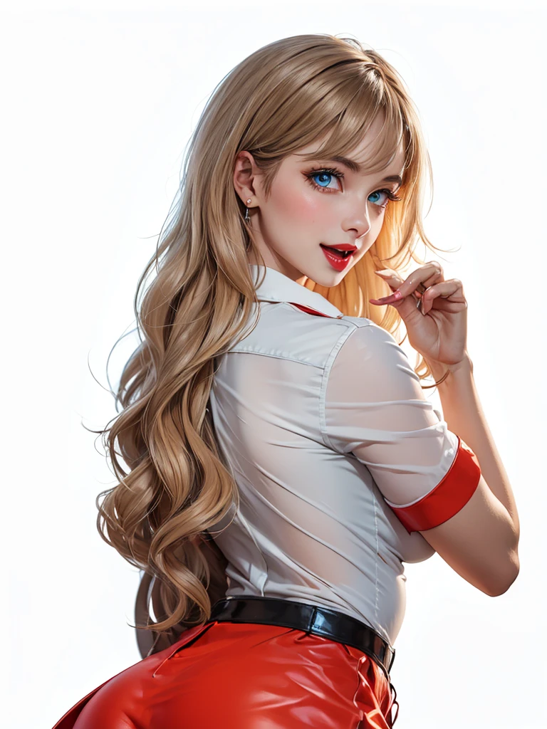 1 Girl, Cowboy shooting, 漂亮苗条的Airline stewardess, (stewardess:1.2), tight skirt, Not suitable for working hours, (cleveage:1.2), Neck scarf , Full lips, A pair of big clear eyes, Beautiful long brown hair, Shirt open, Half a smile, Broad shoulders, Small waist, Wide hips, Thigh gap, Camel toe, (complex, Very detailed, 8K, masterpiece), Soft tones, inner plane, Blurred background, Depth of Field, Bokeh, Lace panties ,blue eyes,(Brown curly hair:1.2),Bangs,Airline stewardess,Airline stewardess制服,Red skinny leather skirt,Light and Shadow,The sun shines on me, Hot red lips, Sexy open mouth, Correction of deformed fingers, Reality, Sharp eyes, (((Eyes looking at camera))) Smile