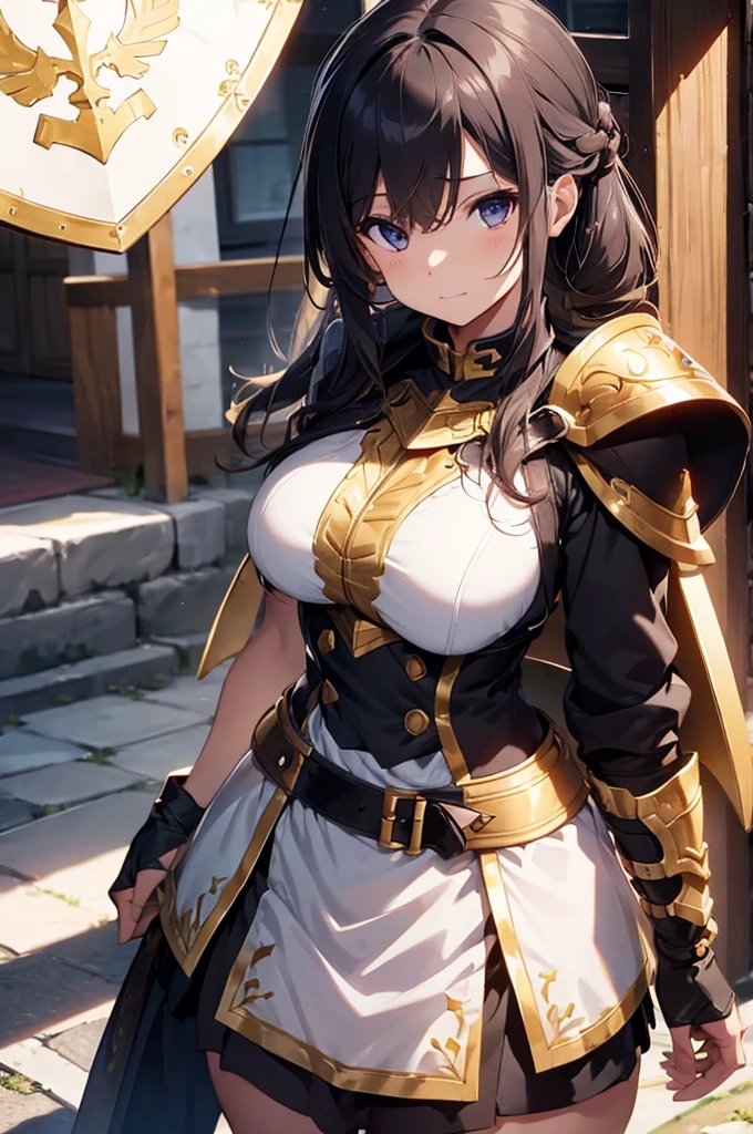 Paladin,beautiful breasts,holding shield,spear,Hair Color is gold,hair style is sideponytali, hair over one eye,high Quality,best quality