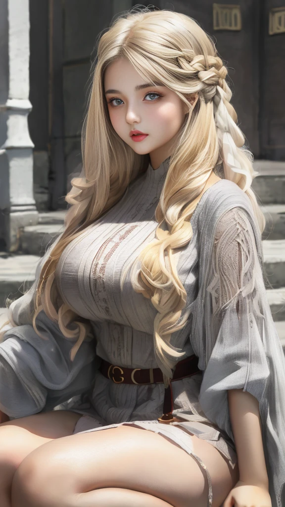 Leila、20-year-old、(Russian women),(((nsfw)))、gray eyes、thick upper lip、Blonde medium-long hair、alone,Big Bust 90cm,Big Breasts、8 heads model style,Pale skin 、Angle up to the knee