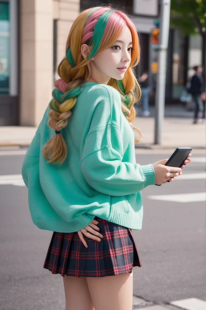 Girl with emerald green hair and orange inner color, wavy hair, gradation hair, green hair, pink inner color, side braids, wavy hair, two side up, cloud hair, emerald green eyes, high school girl, Lively and active, golden hair clip, loose socks, plaid skirt, holding smartphone, on the street, (best) quality, 4K, 8K, high resolution, masterpiece: 1.2), super detailed, bright colors, soft illumination
