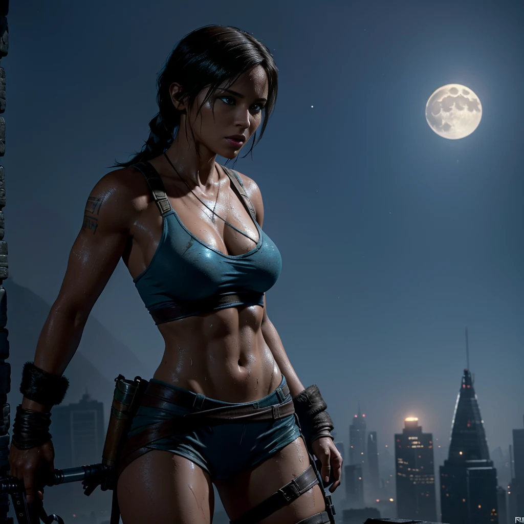 Nsfw, Lara Croft, rise of The tomb raider, (master part, 4k resolution, Ultra-realistic, highy detailed), (Charismatic,  at the top of the city), fully body, (blue colored eyes:1.2), natta, dynamic lights), (fullmoon))], Standing, taking off her panties, wet pussy, 