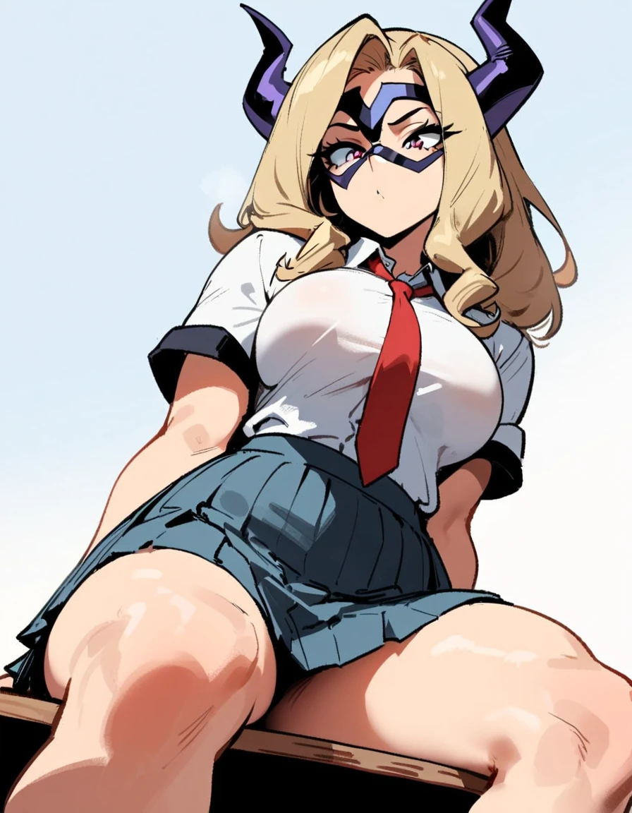 1girl, mount lady, boku no hero academia \\\\\ masterpiece, best quality, very aesthetic, absurdres, newest \\\\\\ sportive body,  \\\\\\  by dodok, nyantcha, cutesexyrobutts, by khyle ///// blonde, purple eyes,  (school uniform:1.2), skirt, , 24 years old, white background,tie,sit on desk, below view, 