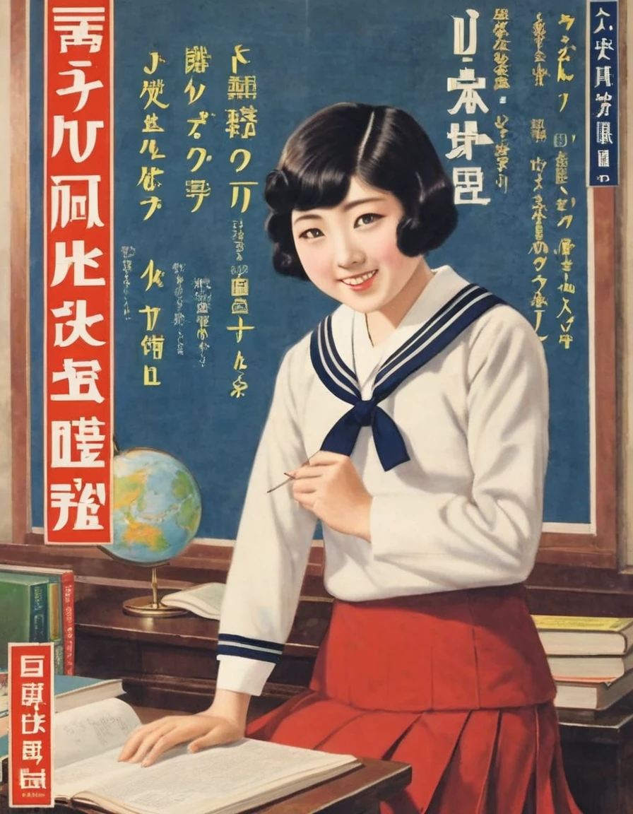 Highest quality、masterpiece、Japanese posters from the 1930s、Realistic、Retro Image、A Japanese 、18-year-old、Long sleeve sailor suit、Short Bob Hair、skirt、Studying in the classroom