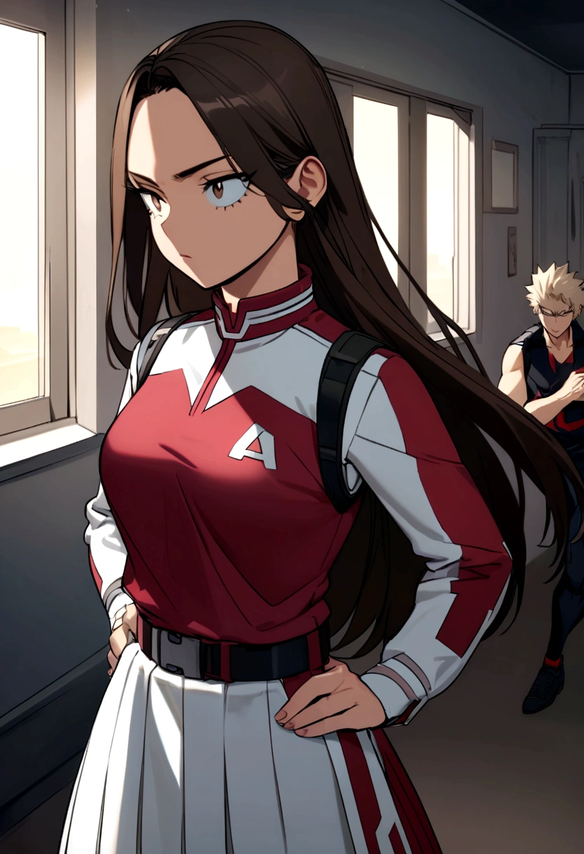 screenshot of my hero academia.
Girl with long straight hair, black and dark brown color. Dark brown eyes and light skin. He has a strong expression and is wearing a UA uniform. In the background he is in a UA class with Bakugo.