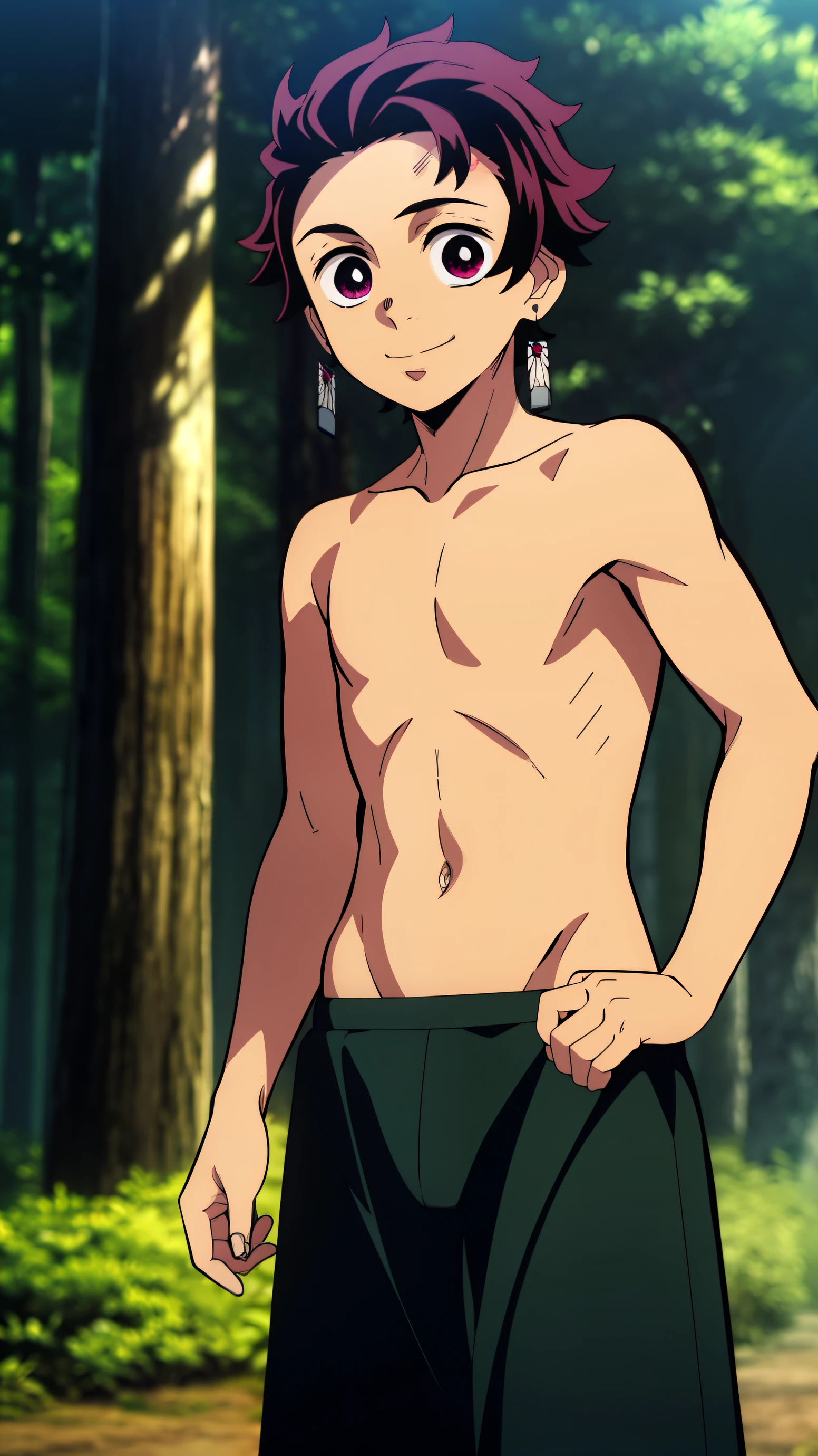 Highres, Masterpiece, Best quality at best,Best Quality,hight quality, hight detailed, Anime screencap style, 1boy, Shota, , Solo, Tanjiro, earring, smile, Shirtless, forest tribal, Underwear, Bare shoulder, Navel piercing, Seen from the front, look at viewer, forest, (very young boy), (very small and short body), 12-year-olbeckground, Uhd, 4k, wallpaper