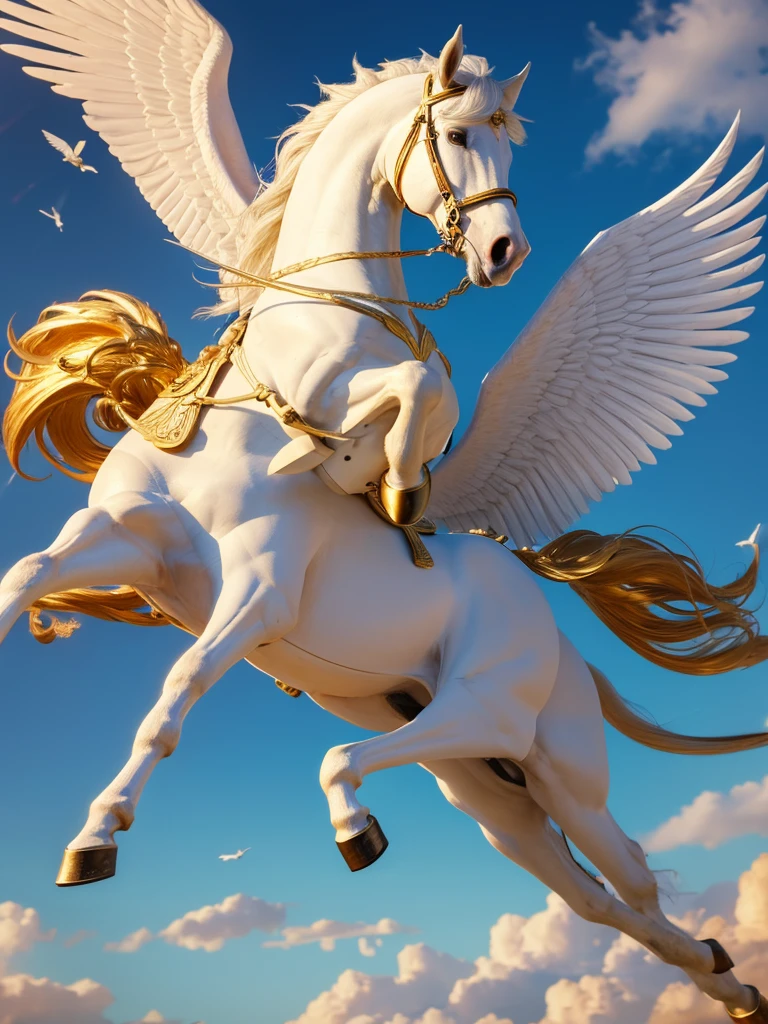 Highest quality,8K,Fictional animals from Greek mythology,Appearance: A winged white horse,Golden wings and brass hooves,With a shining golden mane,Running through the sky faster than the wind,The tireless horse,Pegasus is a flying horse, said to be the messenger of Zeus, the supreme god of the sky, and can only be ridden with golden reins.,Pure White Pegasus,Long-winged Pegasus,The background is light blue