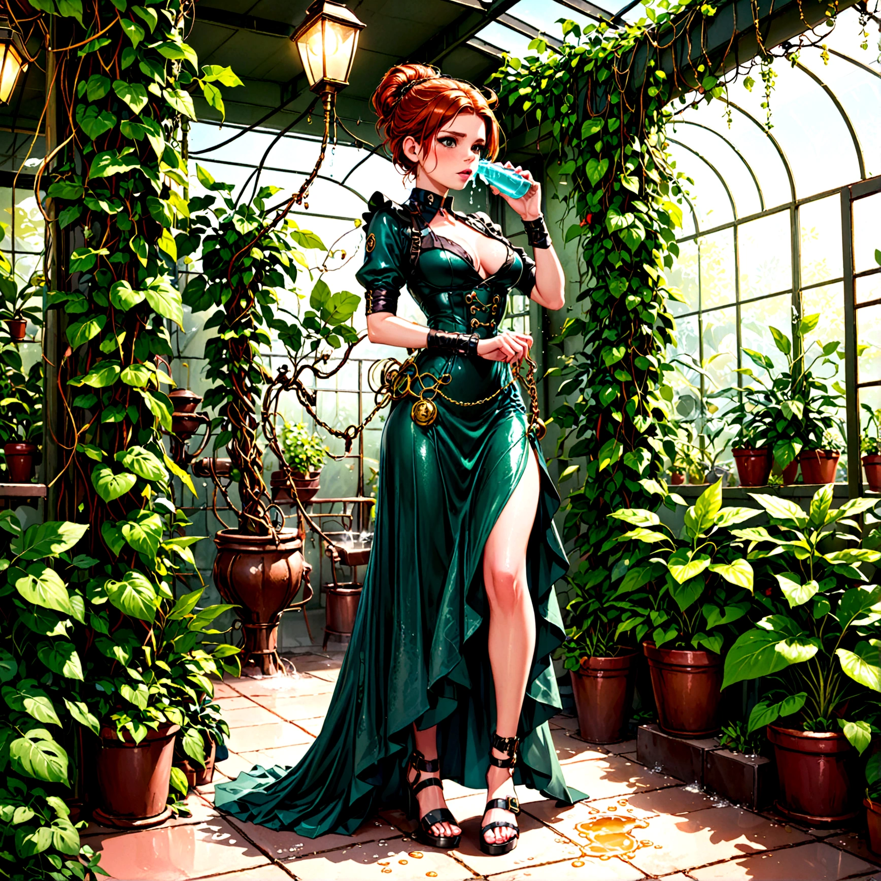 Woman (Kate Mara, 22, dressed appropriate to the scene) showering(cleaning herself using bubbly soap) under cascading metal vines that give way to a lush, tropical garden in a steampunk conservatory. Several filth eating vines caress and search every crevice of her body as they search for food and help Kate get squeaky clean.Show full body. (show all of her, show her head to toe, full body shown)