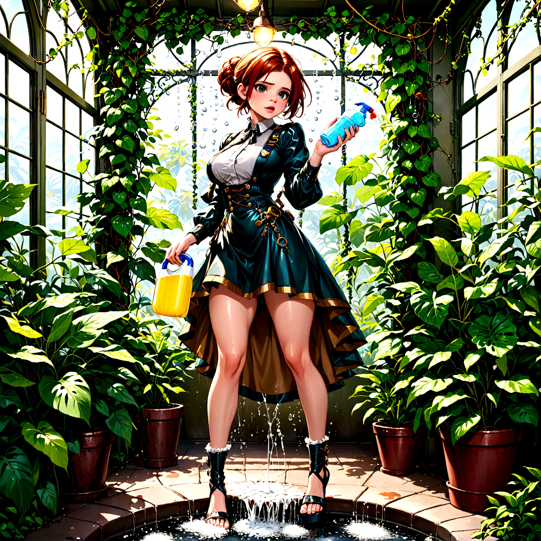 Woman (Kate Mara, 22, dressed appropriate to the scene) showering(cleaning herself using bubbly soap) under cascading metal vines that give way to a lush, tropical garden in a steampunk conservatory. Several filth eating vines caress and search every crevice of her body as they search for food and help Kate get squeaky clean.Show full body. (show all of her, show her head to toe, full body shown)