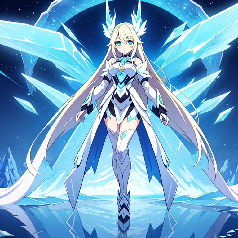 : Glacial Sentinel is a majestic and enigmatic Pokémon that embodies the celestial forces of ice and steel. Standing tall with an imposing presence, it has a humanoid form adorned with armor-like plates of icy blue and shimmering silver. Its crystalline skin reflects the light like facets of a diamond, giving it an otherworldly and ethereal appearance. Glacial Sentinel's eyes glow with a serene icy blue hue, mirroring the tranquil beauty of the Arctic skies. Full body, beautiful eyes , 1 girl , full body , cute girl , anime style , (platinum-blonde hair) , (green eyes) , cute eyes