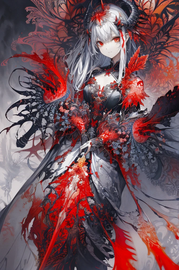 (Tabletop, Absurd quality, Highest quality, Official Art, beautifully、aesthetic: 1.2), (One Woman: 1.4), Very detailed, (Fractal Art: 1.3), colorful, Most detailed, Holding the Female Demon Sword, (Positive::1.3), Action Painting Style, Dark grey and red, Andrzej Arrangements, anime, Dark and chaotic, Ultra-detailed illustrations, Wandering eyes