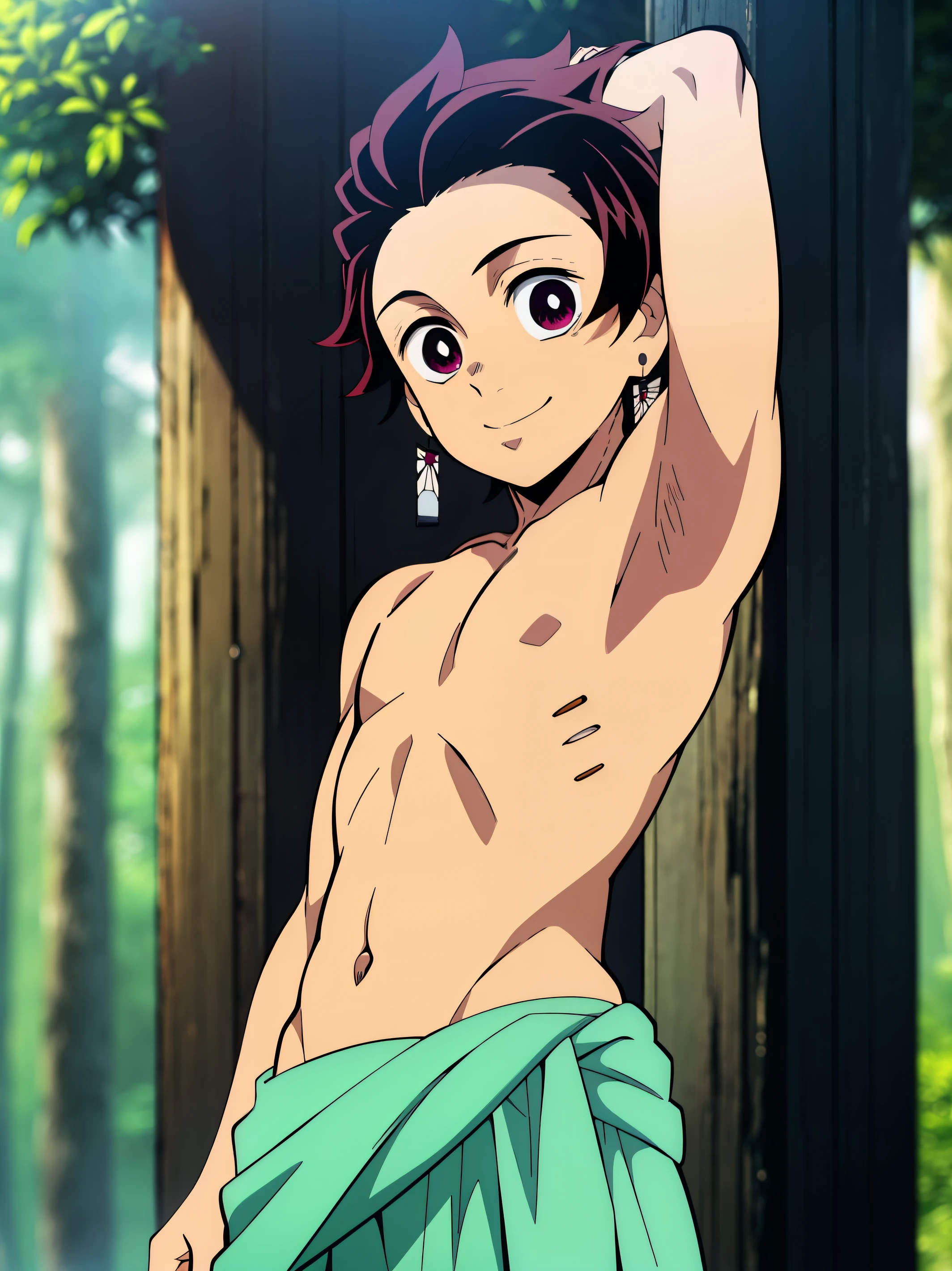 Highres, Masterpiece, Best quality at best,Best Quality,hight quality, hight detailed, Anime screencap style, 1boy, Shota, , Solo, Tanjiro, earring, smile, Shirtless, Sarong, Bare shoulder, Navel piercing, Seen from the front, look at viewer, forest, (very young boy), (very small and short body), (Showing armpit:1.3), 12-year-olbeckground, Uhd, 4k, wallpaper